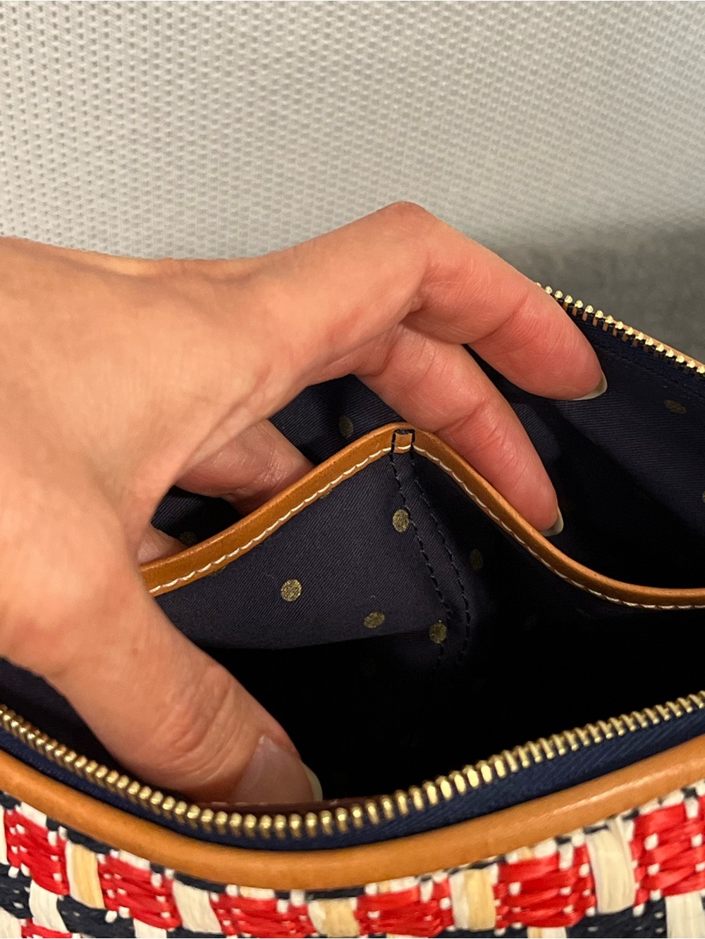 Kate Spade Red, White & Navy Woven Tote Clutch with Brown Leather Handles - Picture 6 of 10